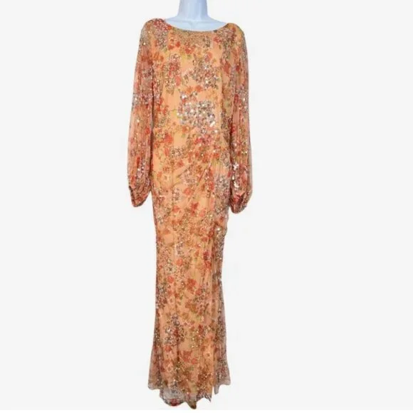 Mac Duggal Orange Floral Sequined Puff Sleeve Gown Apricot Formal Evening 16